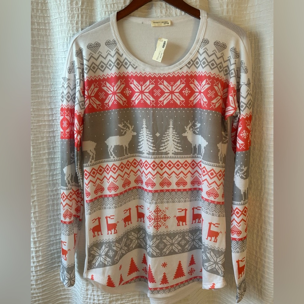twenty second Gray and Red Holiday Reindeer Long Sleeve Tee